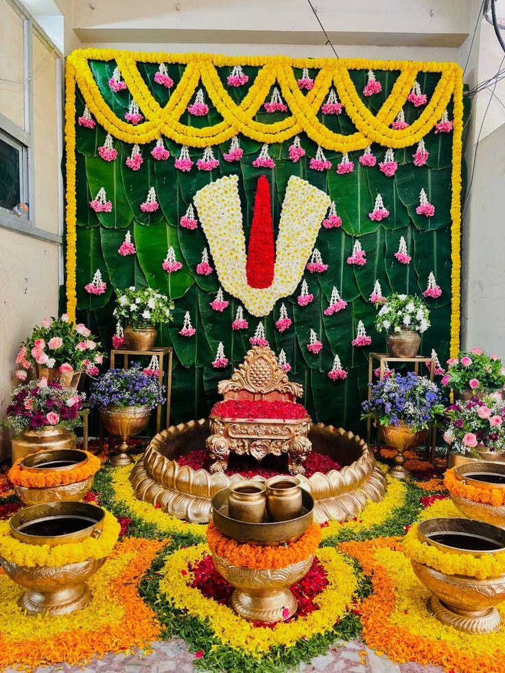 marigold garlands yellow pink banana leaf namam backdrop decor set naman backdrop set housewarming decor set etsy